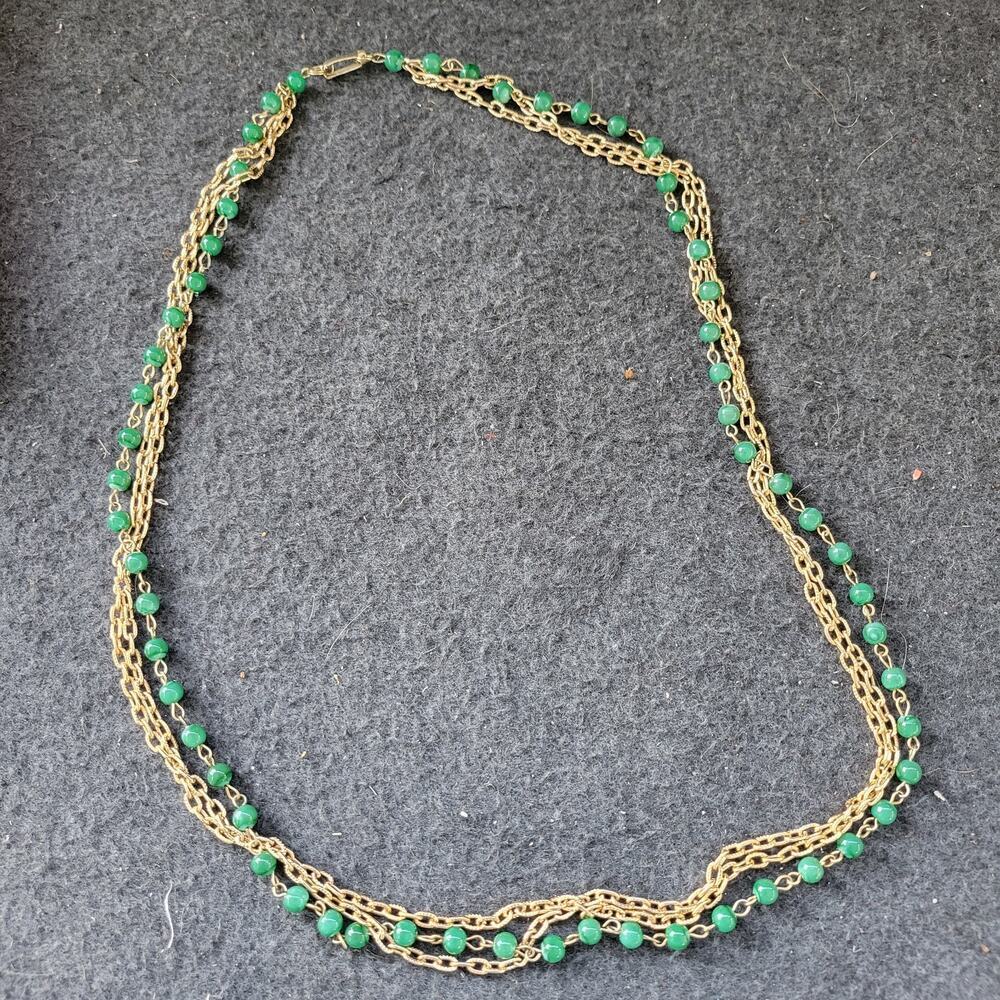 Vintage Gold Tone Chain Necklace Green Bead Glass Jade‎ Style Long Layered 30"